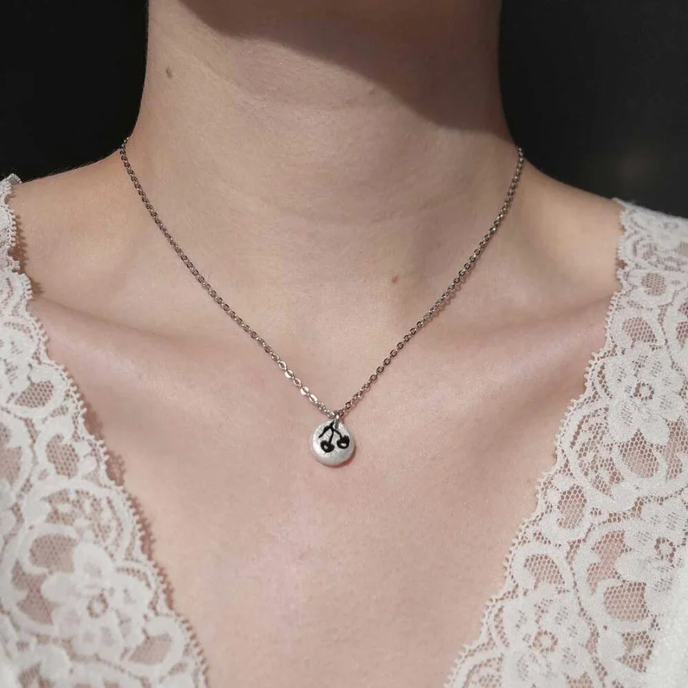 Dainty mini black cherry necklace with a small silver chain - Picture 9 of 14